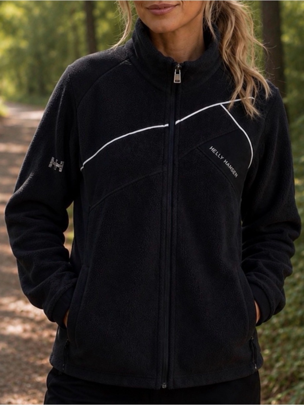 LADIES Helly Hansen Vintage Black White Fitted Fleece Zip-Up Floral Jacket - S